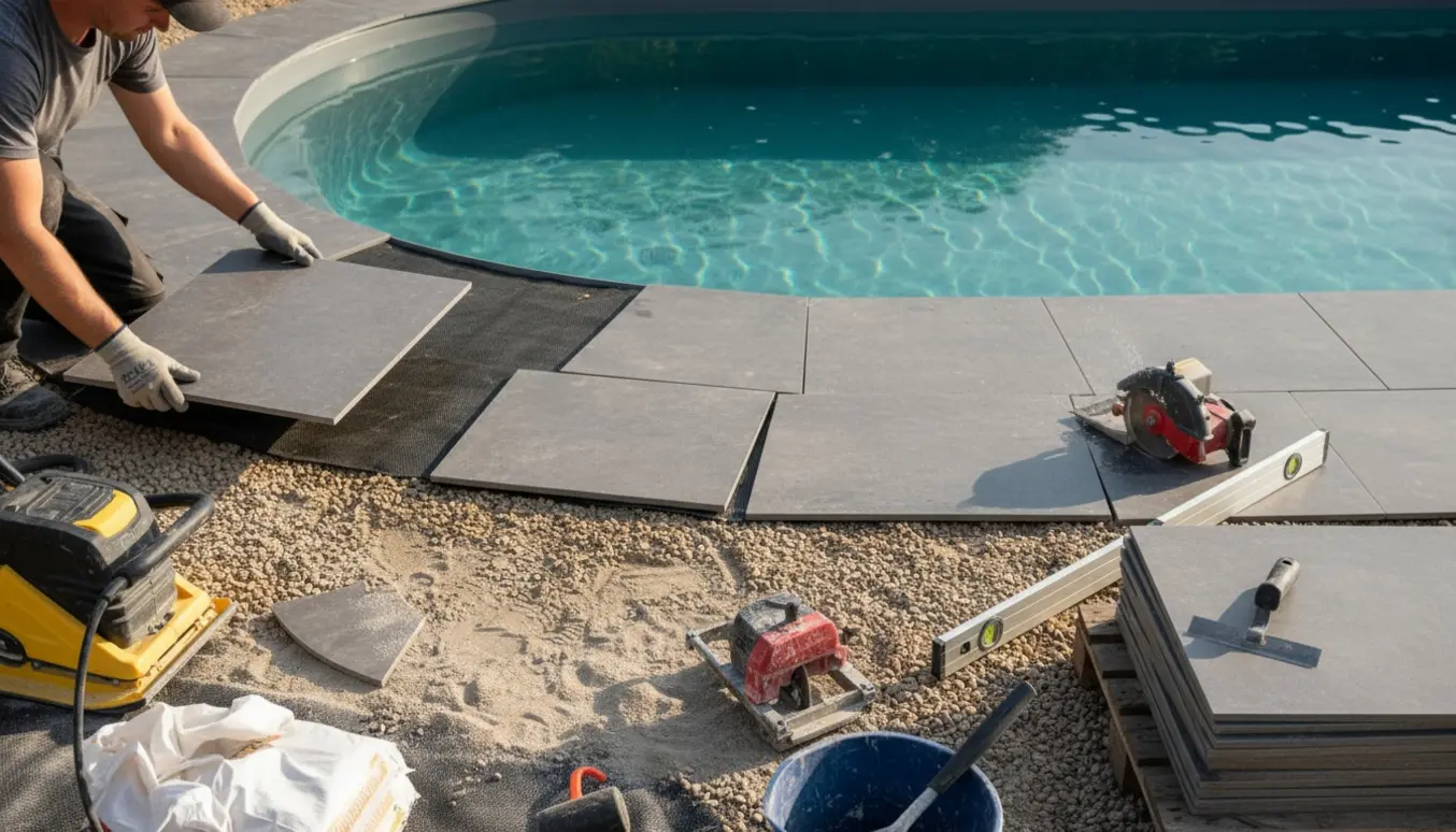 Store fliser lægges rundt om en pool på en stabil grusbund med ukrudtsdug og værktøj klar.