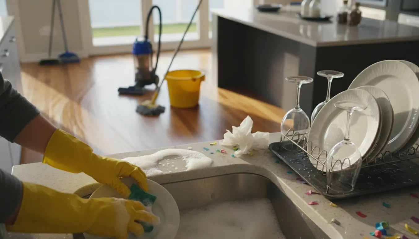 Hænder i gummihandsker vasker op i et soloplyst køkken med moppe og støvsuger ved siden af.