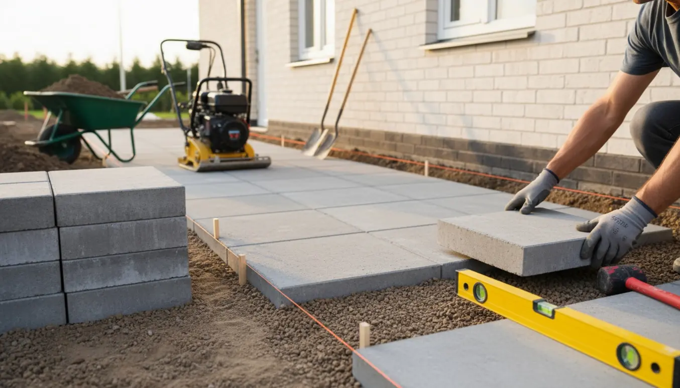 Nærbillede af lægning af store firkantede betonfliser med stabilgrus, værktøj og fjernet jord ved et hus.