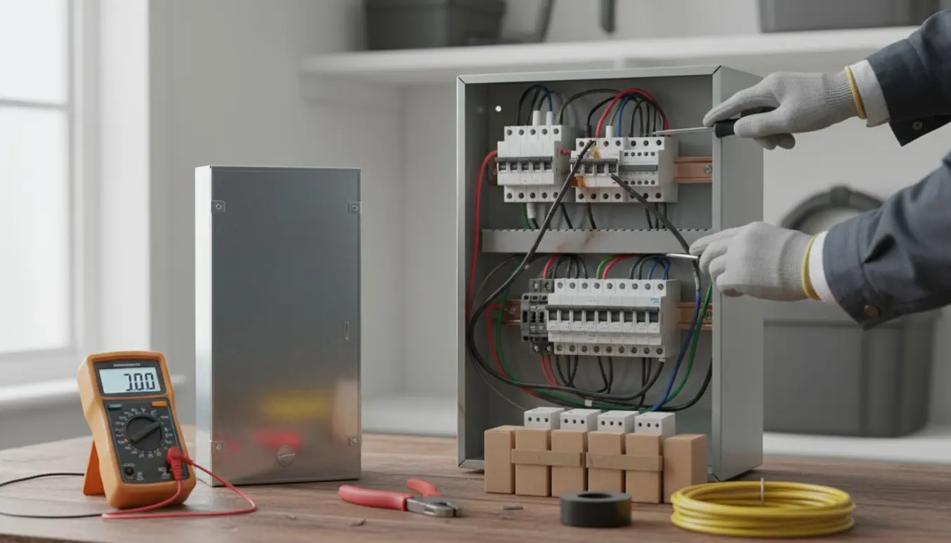 Elektriker med handsker inspicerer en åben eltavle med synlige skader og nyt tavleudstyr ved siden af.