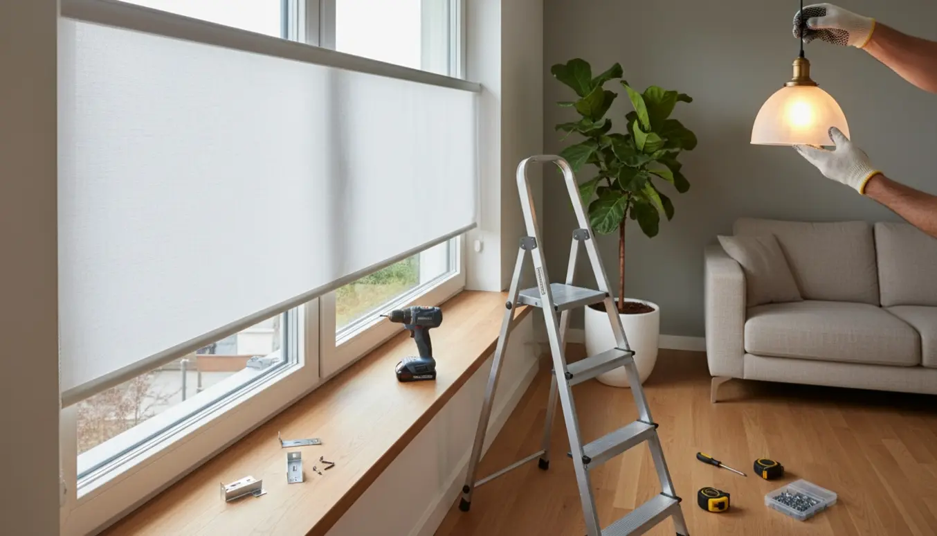Installation af persienne og loftslampe i et lyst, moderne rum med værktøj og hænder i arbejde.