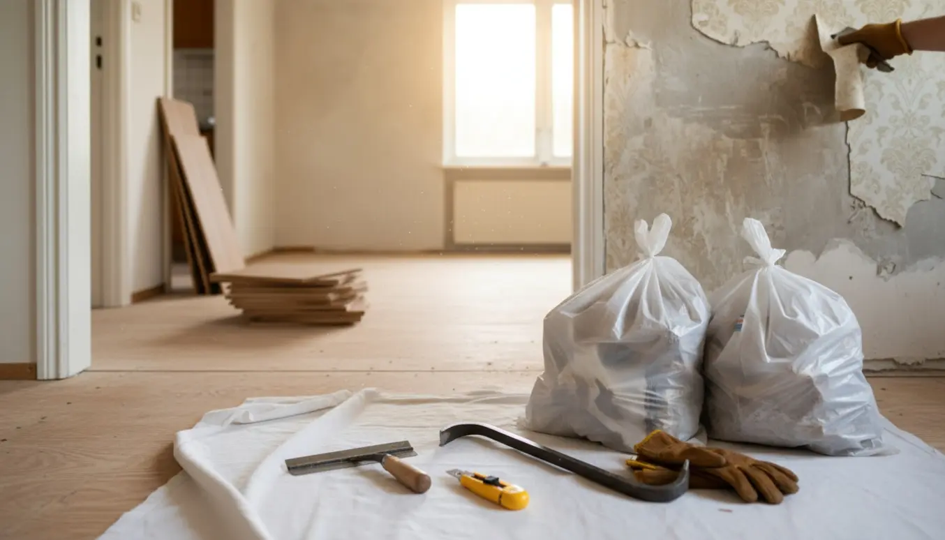 Indendørs renovationsscene med tapet i poser og løse laminatplanker i en bunke ved en delvist afskallet væg.