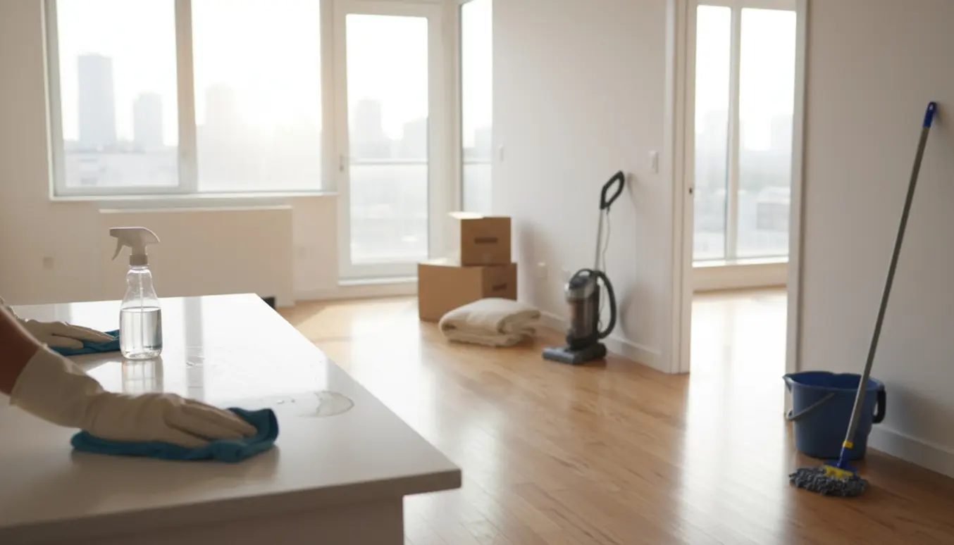 Solbelyst, nyoprydning af fraflyttet lejlighed med handsker, klud og støvsuger klar til køber.