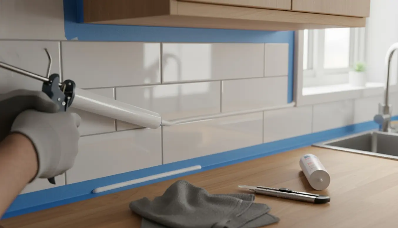 Nærbillede af hænder, der fuge med silikone langs nye køkkefliser ved bordpladen.