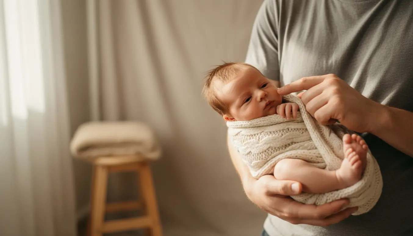 Nyfødt baby svøbt i blødt tæppe og holdt i forældres hænder ved blødt vindueslys.