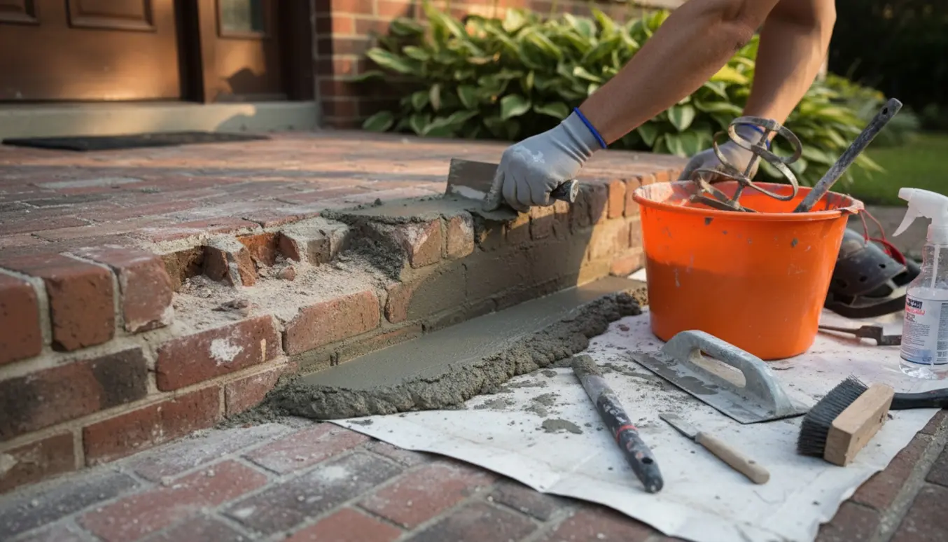Handskerede hænder glatter flydende beton ind i revner på en gammel muret fortrappe ved hoveddøren.