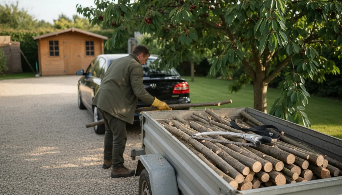 Trailer fyldt med kappede grene fra et moreltræ, en person læsser grene med sav og handsker.