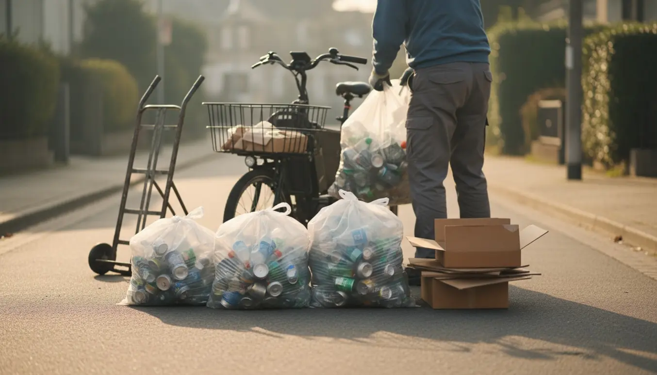 Tre og en halv sæk pant og sammenfoldet pap klar til afhentning på en stille morgengade.