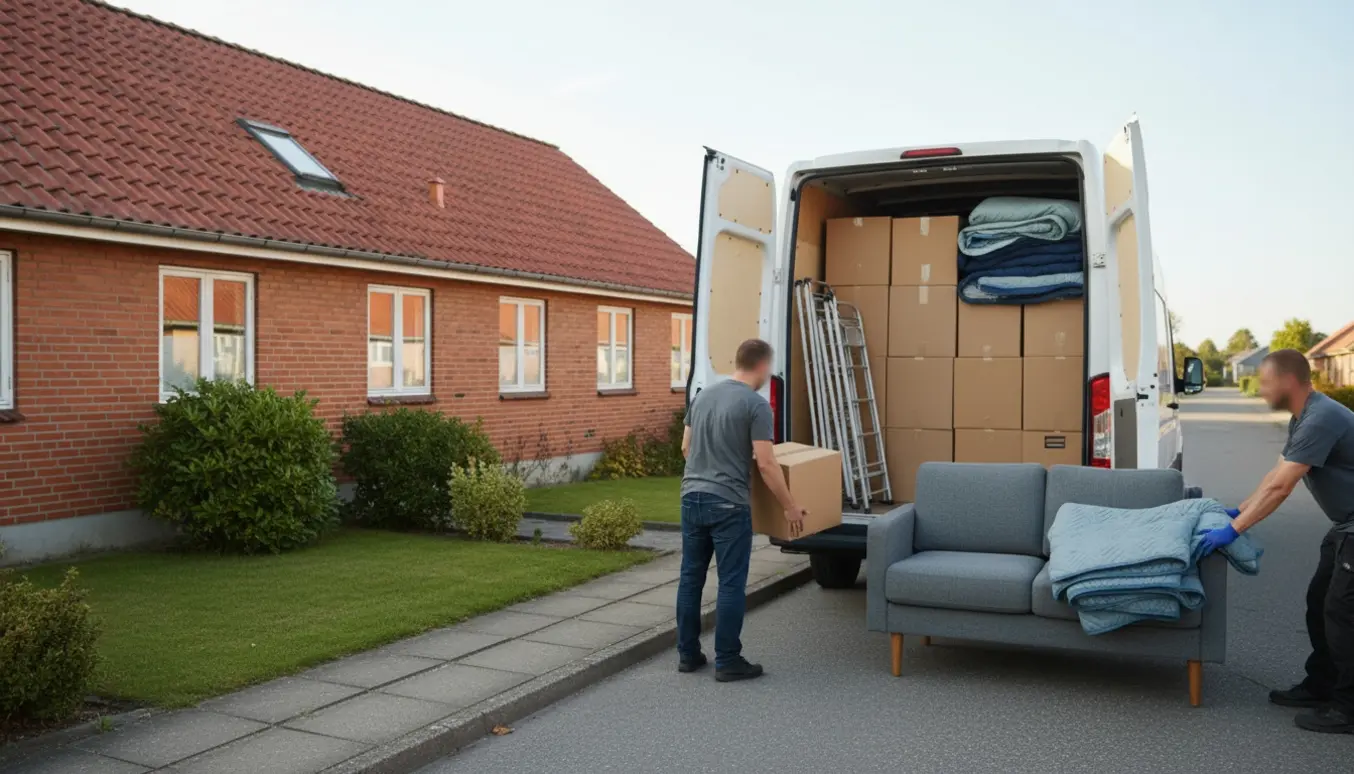 Flyttebil og stabler af flyttekasser foran et dansk rækkehus under en privat flytning.