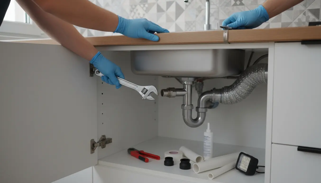 Nærbillede af hænder, der tilslutter et forlængelsesstykke til køkkenvaskens afløb og samler emhætteaftrækket under en moderne køkkenvask.