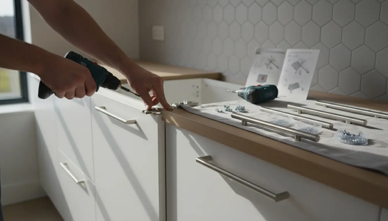 Hænder monterer hvide køkkenlåger og greb på skabe med integrerede hvidevarepaneler.