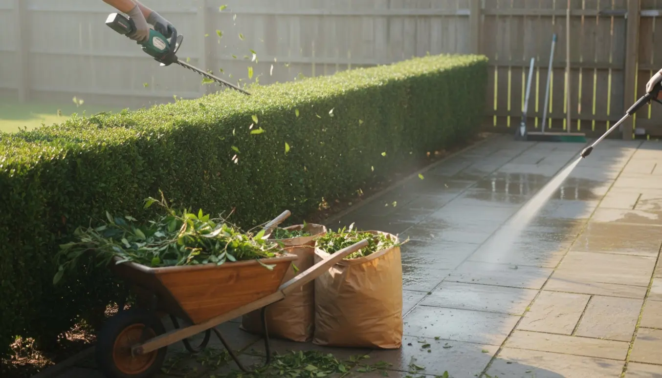 Hæk bliver klippet og terrassefliser renses med værktøj og hækaffald i en trillebør.