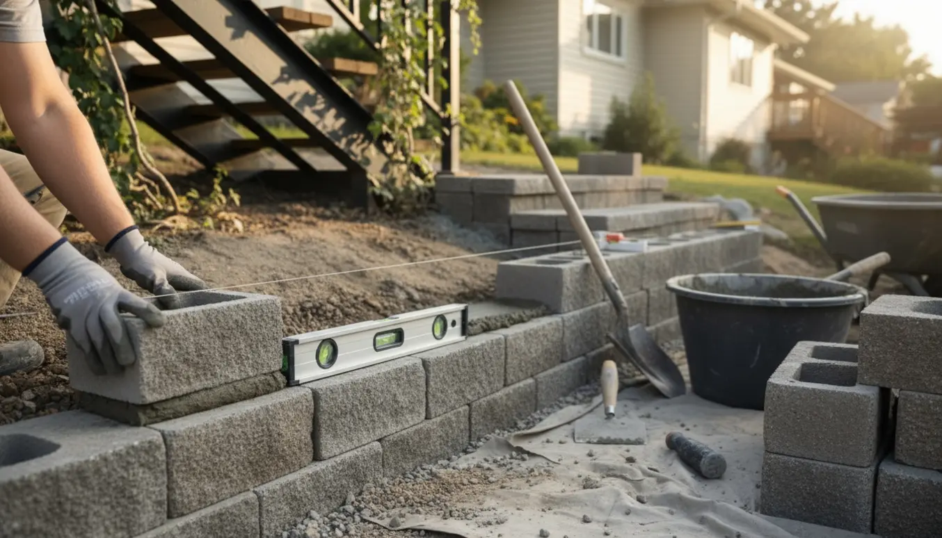 Nærbillede af opbygning af en ny støttemur under en udendørs trappe med blokke, frisk mørtel og værktøj.