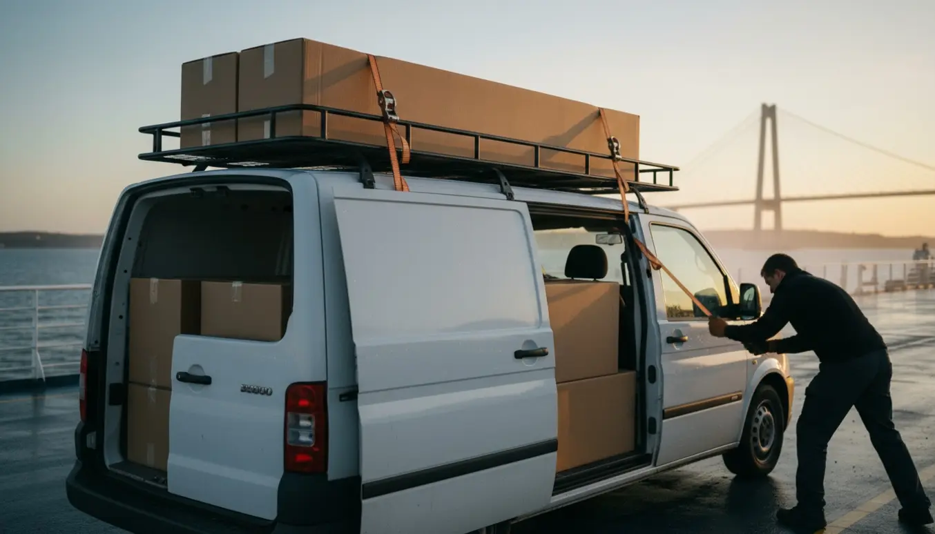 To lange flade papkasser til reoler på en varevogn, sikret med stropper ombord på en færge med en bro i baggrunden.