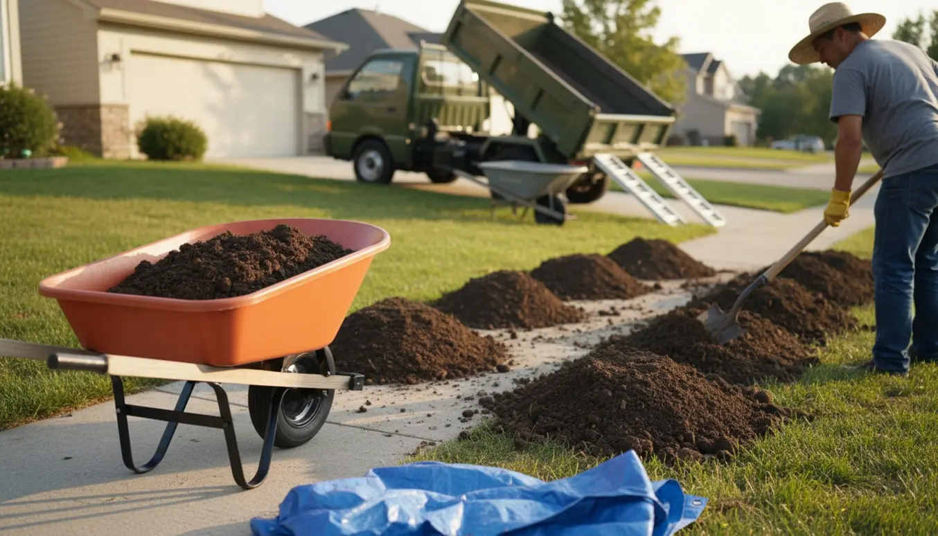Jordbunker på fortov og plæne med trillebør og skovl klar til bortkørsel.