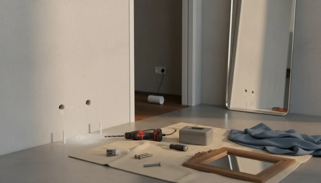 Nærbillede af forberedelse til opsætning af spejl med to nyligt borede huller i betonvæg, rawlplugs, skruer og værktøj i forgrunden.