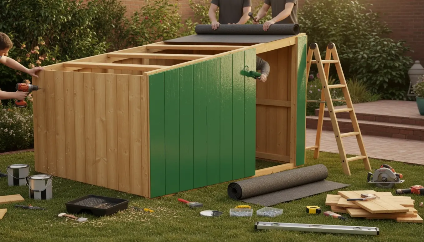 Modulredskabsskur under samling og maling med værktøj og tagpap klar til montering.