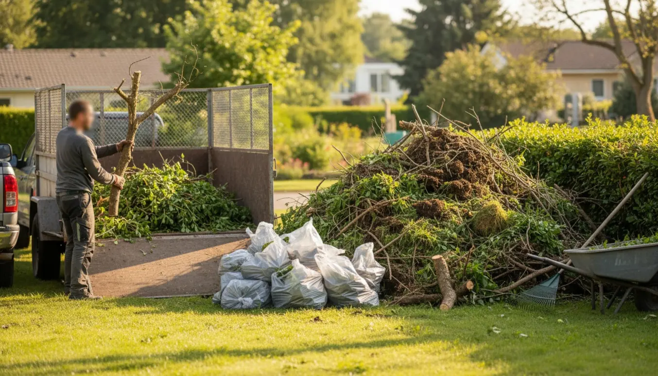 Bunke haveaffald og cirka 10–15 plastikposer ved en åben trailer klar til bortkørsel.