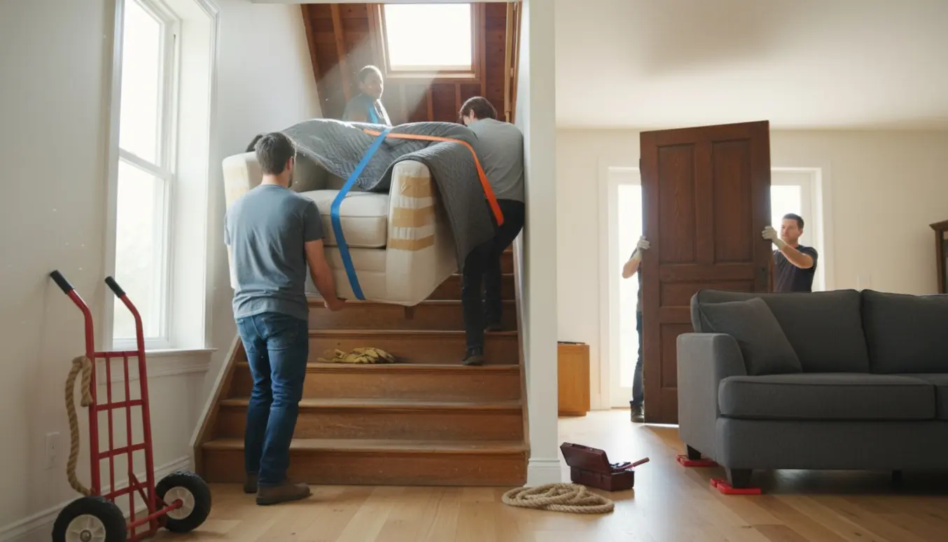 To lette sofaer bæres op ad en trappe mod loftet, mens en tung dør manøvreres i gangen.