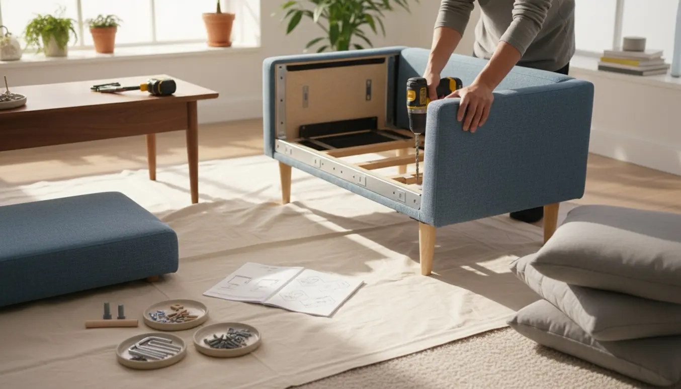 Hænder samler en lille sofa med boremaskine, skruer og manual i en lys og indbydende stue.