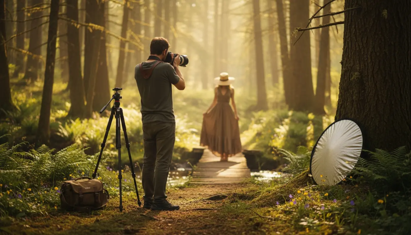 En fotograf justerer en models pose i en soloplyst skov med kameraudstyr på mosset jord.