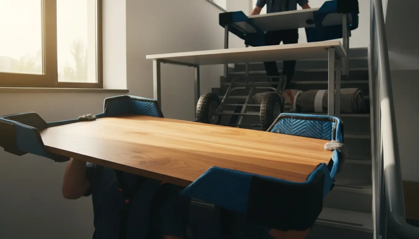 To flyttemænd bærer en stor bordplade og to skriveborde op ad en trappe i et lyst kontormiljø.