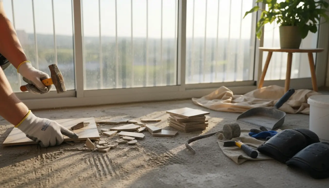 Hænder fjerner fliser på en lukket altan med stablede fliser og værktøj ved siden af.