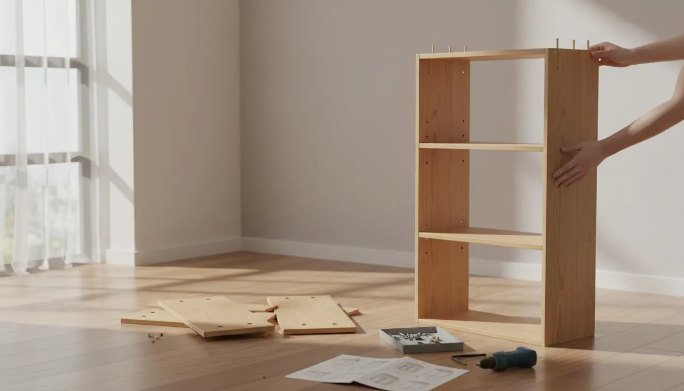 Delvist samlet reol i lyst opholdsområde med værktøj og hænder under montering.
