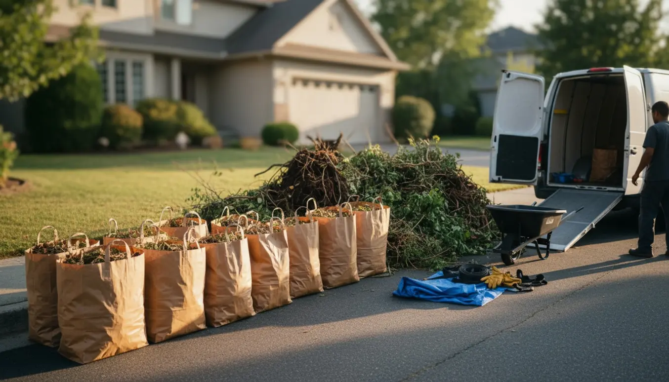 Bunke haveaffald og omkring ti poser med blade og smågrene lagt foran et hus klar til afhentning.