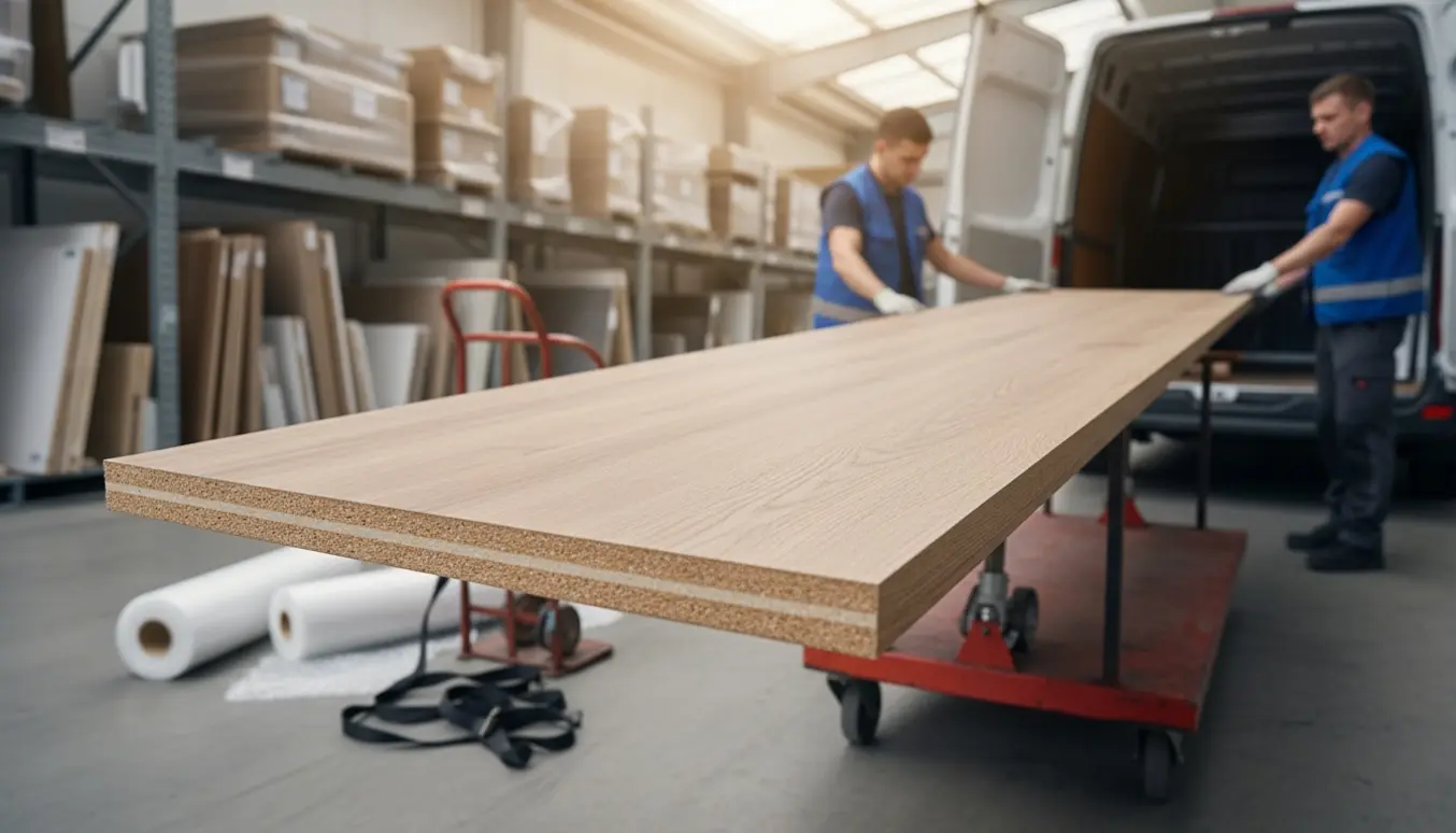 To personer læsser en lang bordplade fra byggemarkedets lager ind i en varevogn.