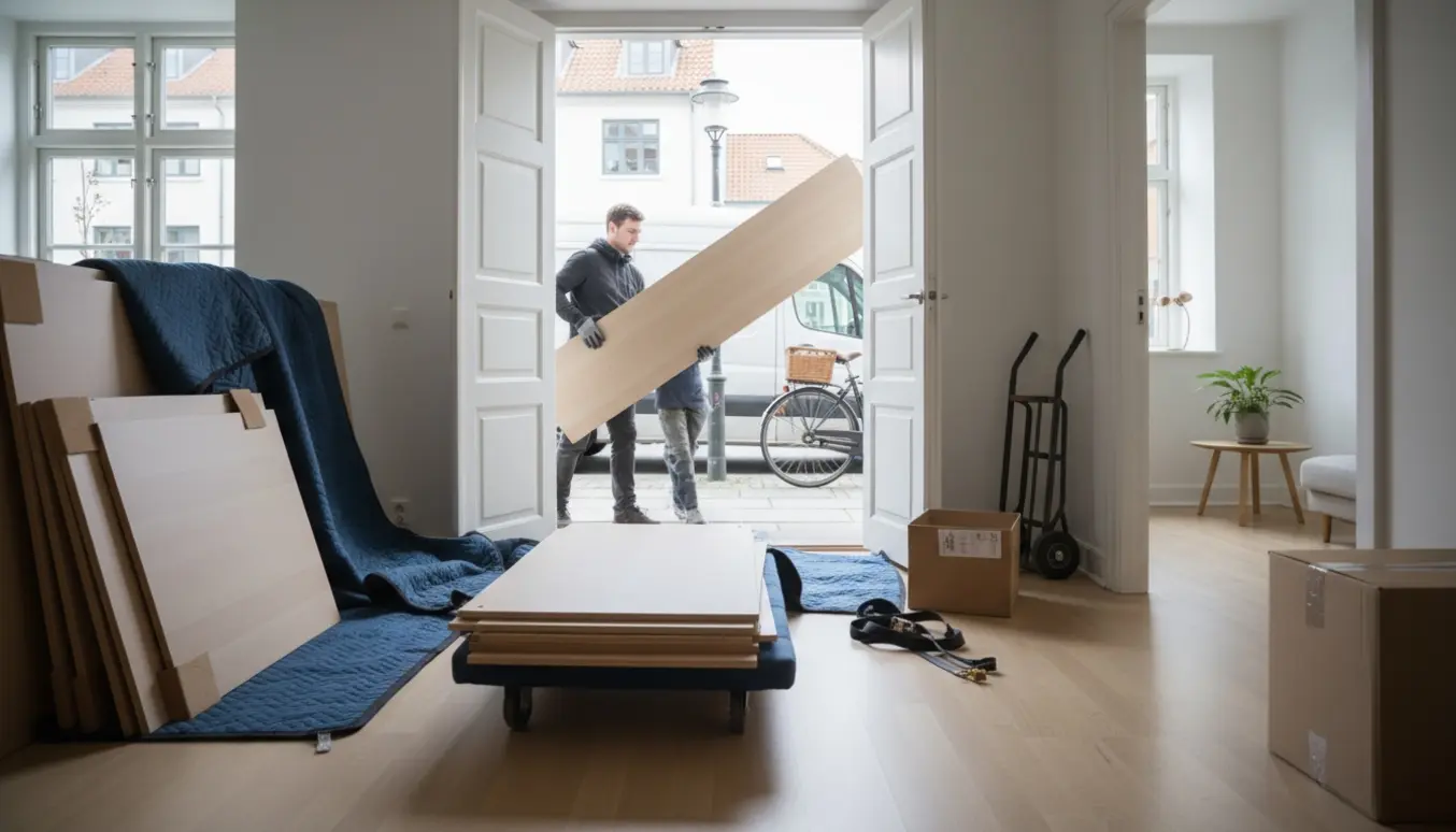 Adskilt klædeskab med en lang planke bæres ind i en stuelejlighed på håndvogn blandt flyttetæpper og udstyr.