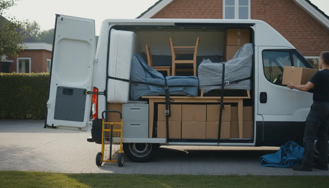 Hvid varevogn åben med møbler og flyttekasser på en indkørsel, folk læsser uden klare ansigter.