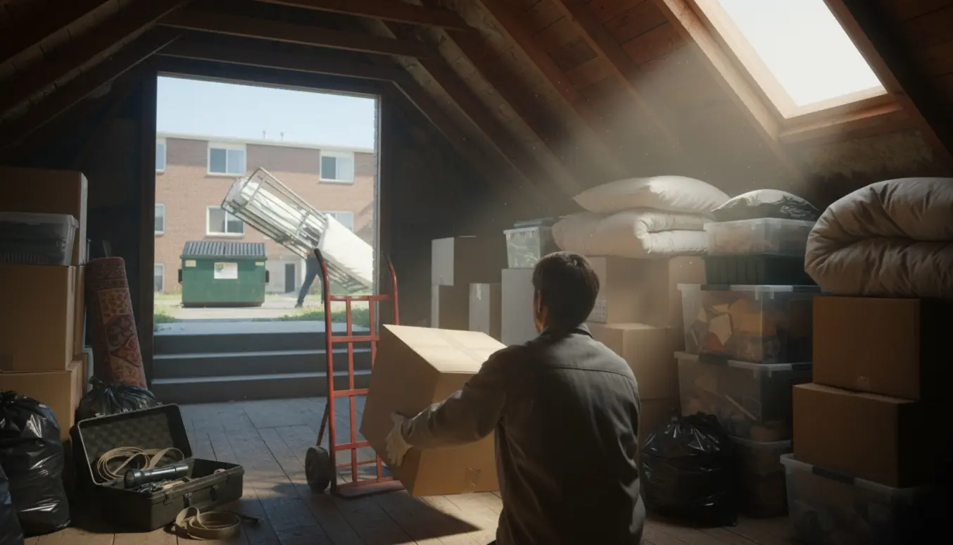 Loftsrumsoprydning med kasser, flyttevogn og madras på vej til en container foran en bygning.