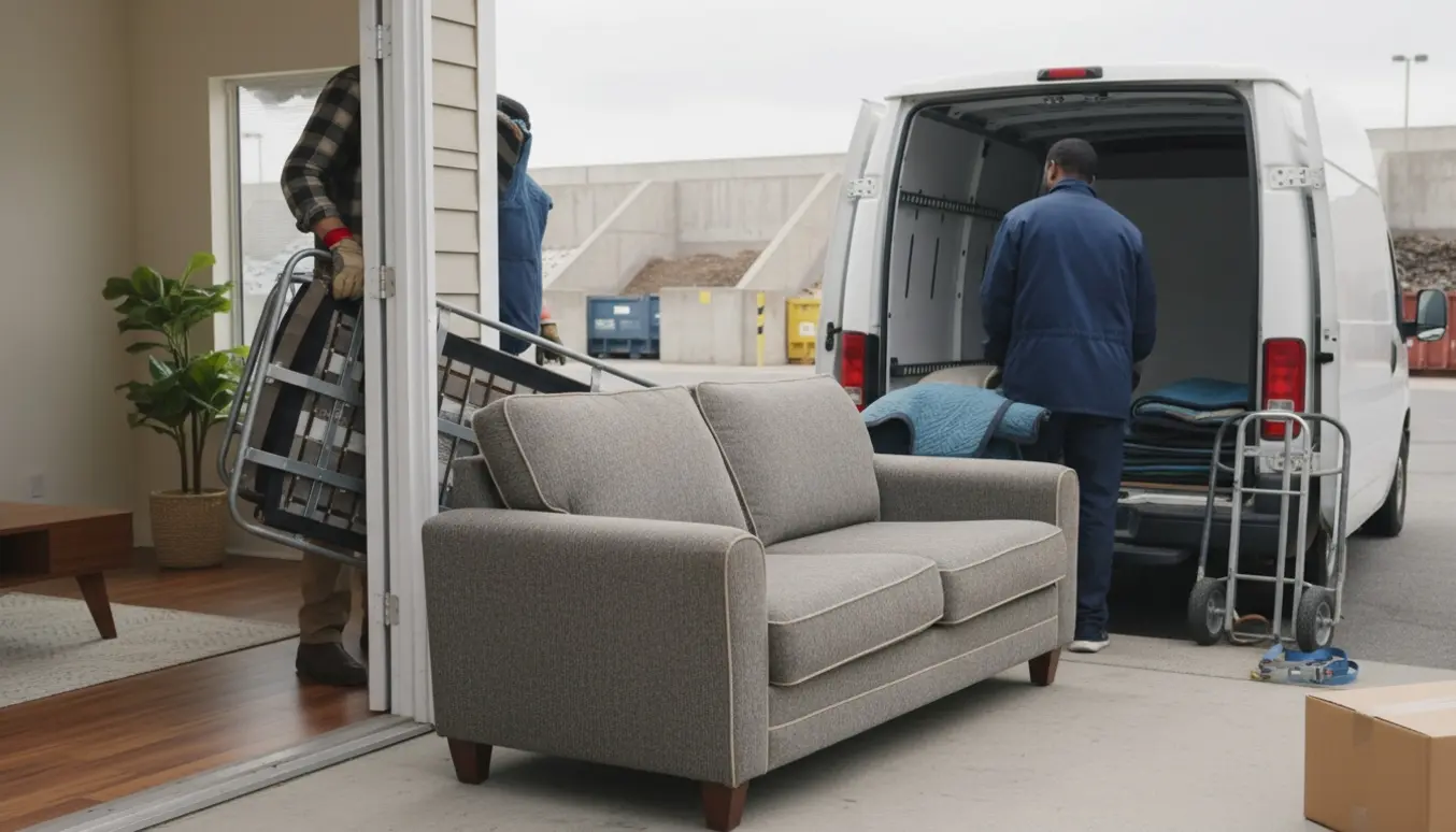 To personer bærer en todelt sovesofa fra en stueplanslejlighed ind i en varevogn med genbrugsstation i baggrunden.