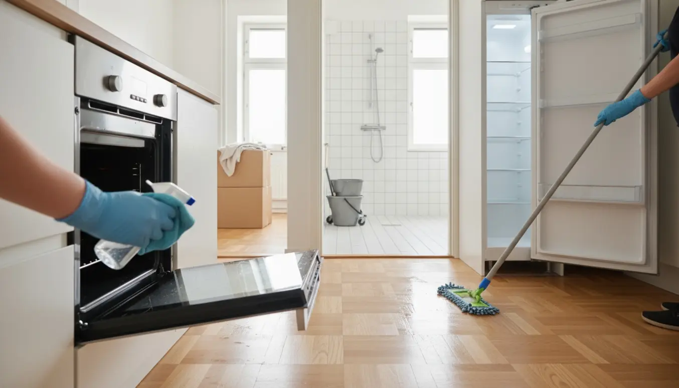 Lys, skandinavisk lejlighed hvor ovn og gulv bliver rengjort ved fraflytning.