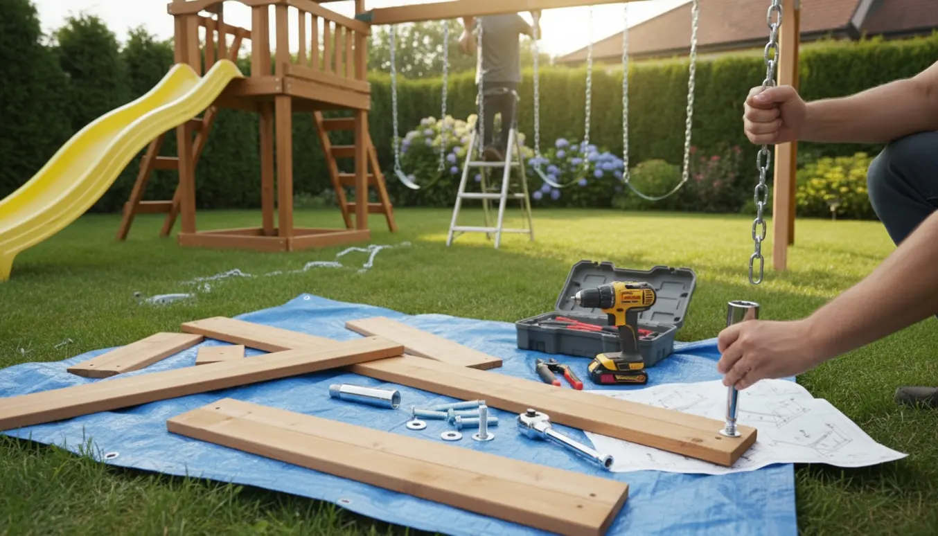 To legestativer på en græsplæne under samling med værktøj og hænder, der spænder bolte.