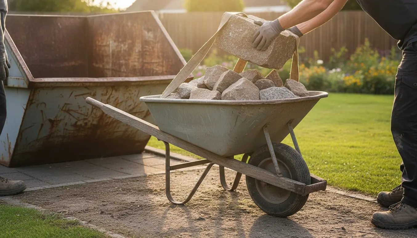 Trillebør fyldt med granitsten ved en åben container i en have, med arbejdshandsker og værktøj synlige.