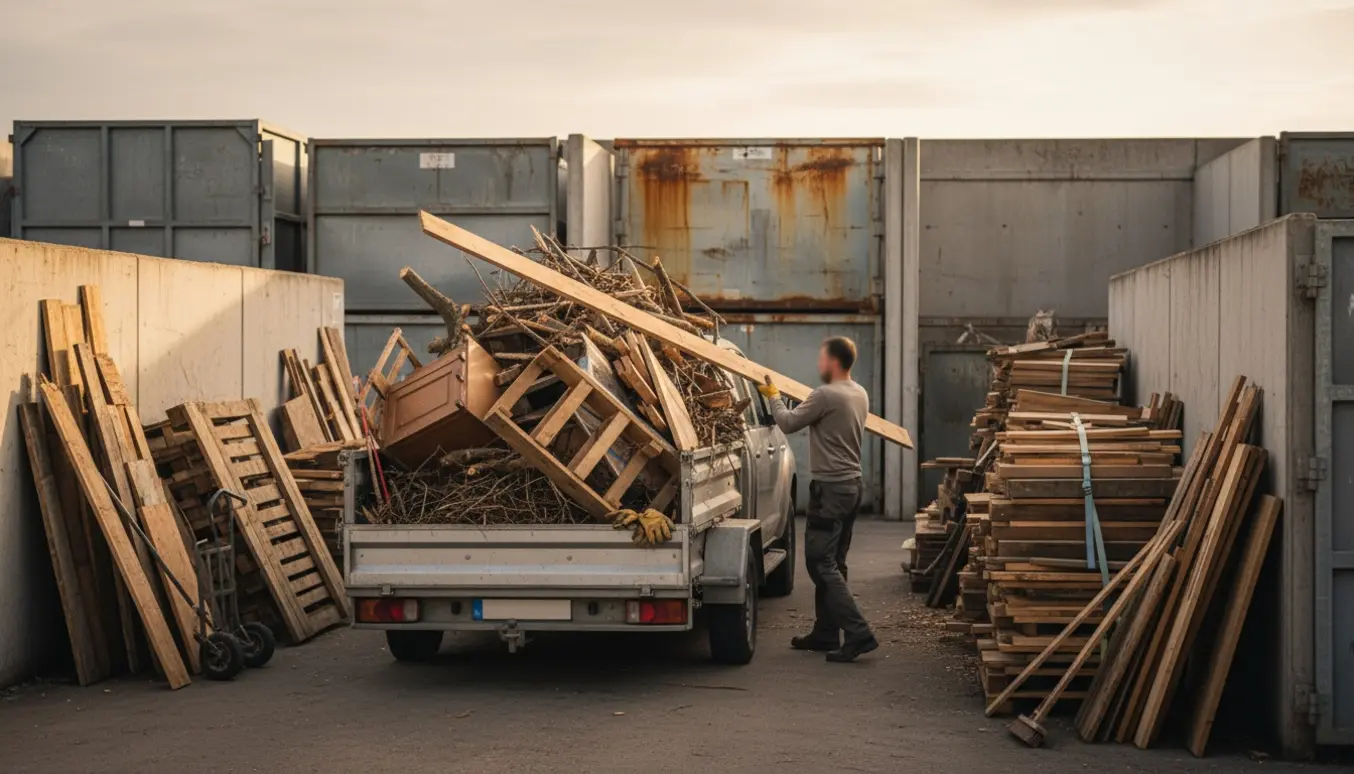 Person læsser hovedsageligt træaffald på en trailer ved en genbrugsplads.