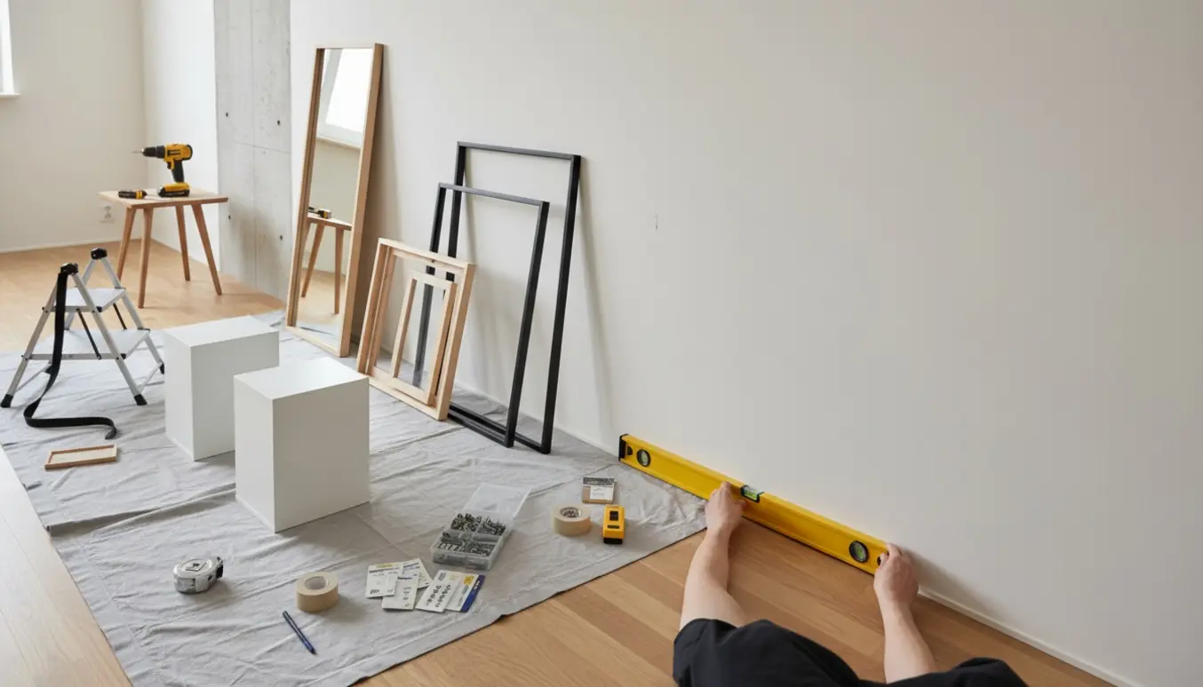 Hænder markerer en væg med vaterpas klar til at hænge skabe, billeder og spejl med værktøj og rammer klar på gulvet.