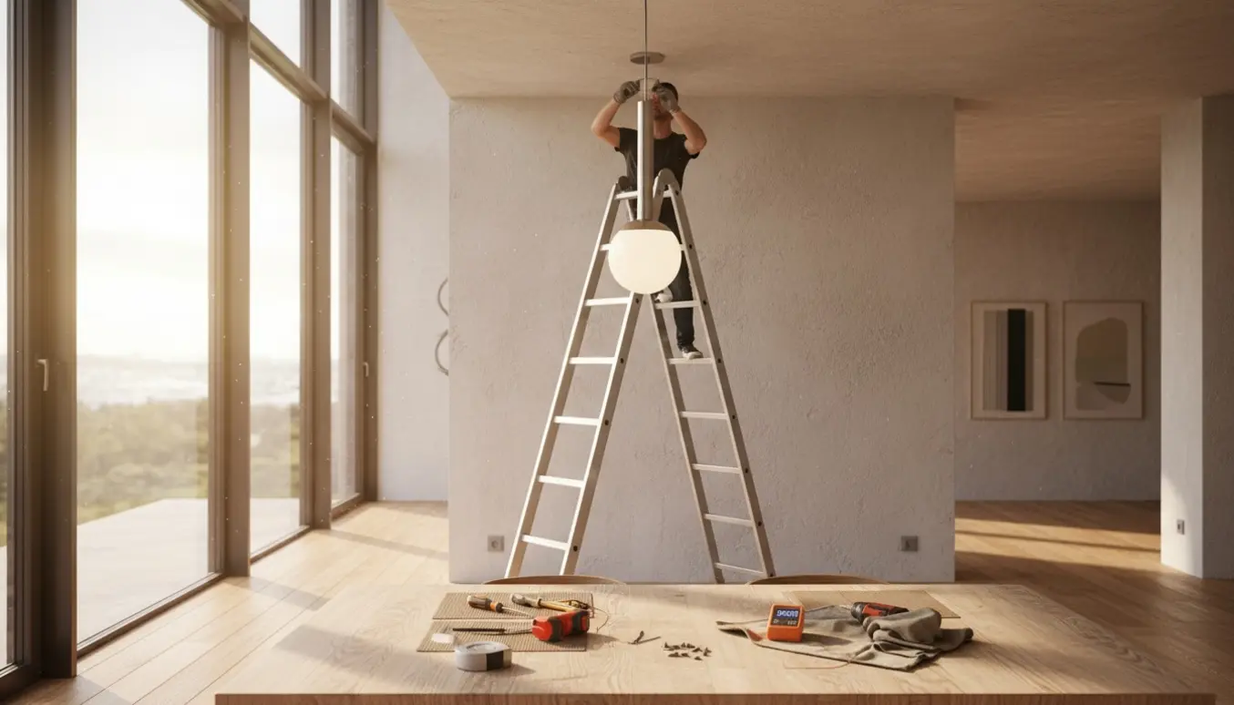 En person monterer en minimalistisk pendel over et træspisebord i et rum med højt loft.