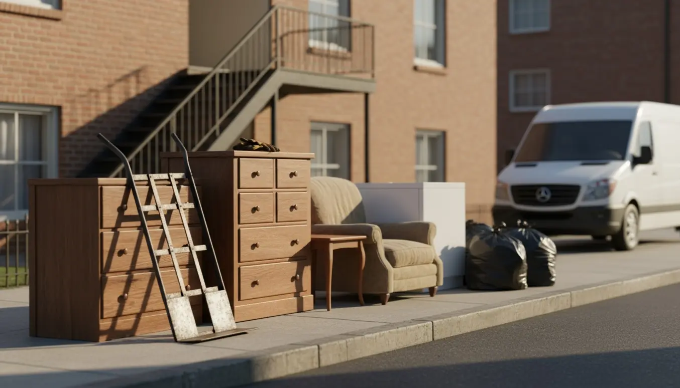 Møbler, opvaskemaskine og sorte sække stillet på fortovet foran en lejlighedsbygning klar til storskrald.