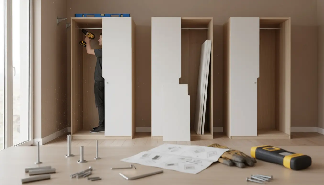 Tre høje garderobeskabe samles og monteres langs en væg, med boremaskine og værktøj i forgrunden.