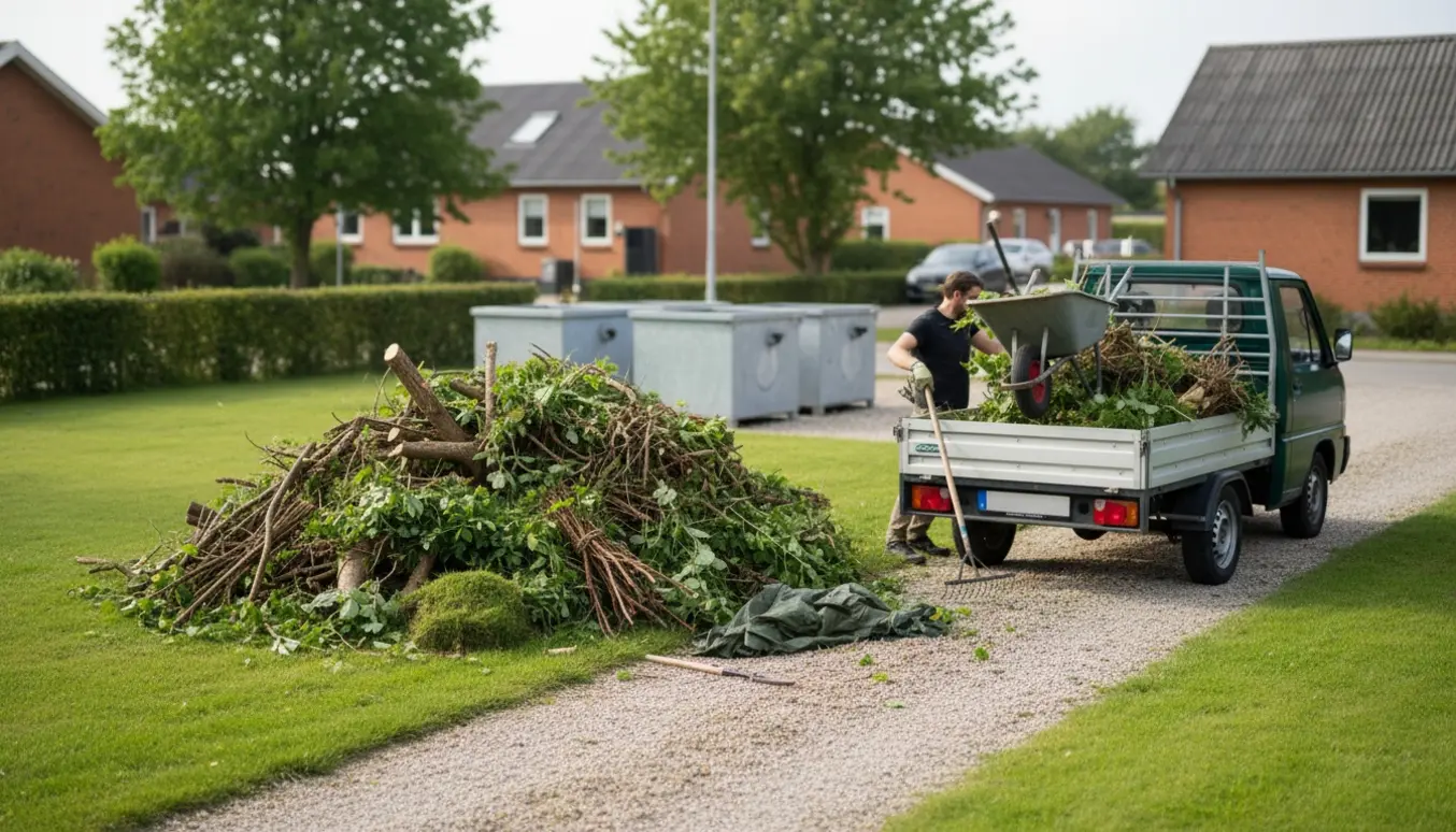 Trailer læsses med en stor bunke haveaffald ved en containerplads nær Frederiksværk.