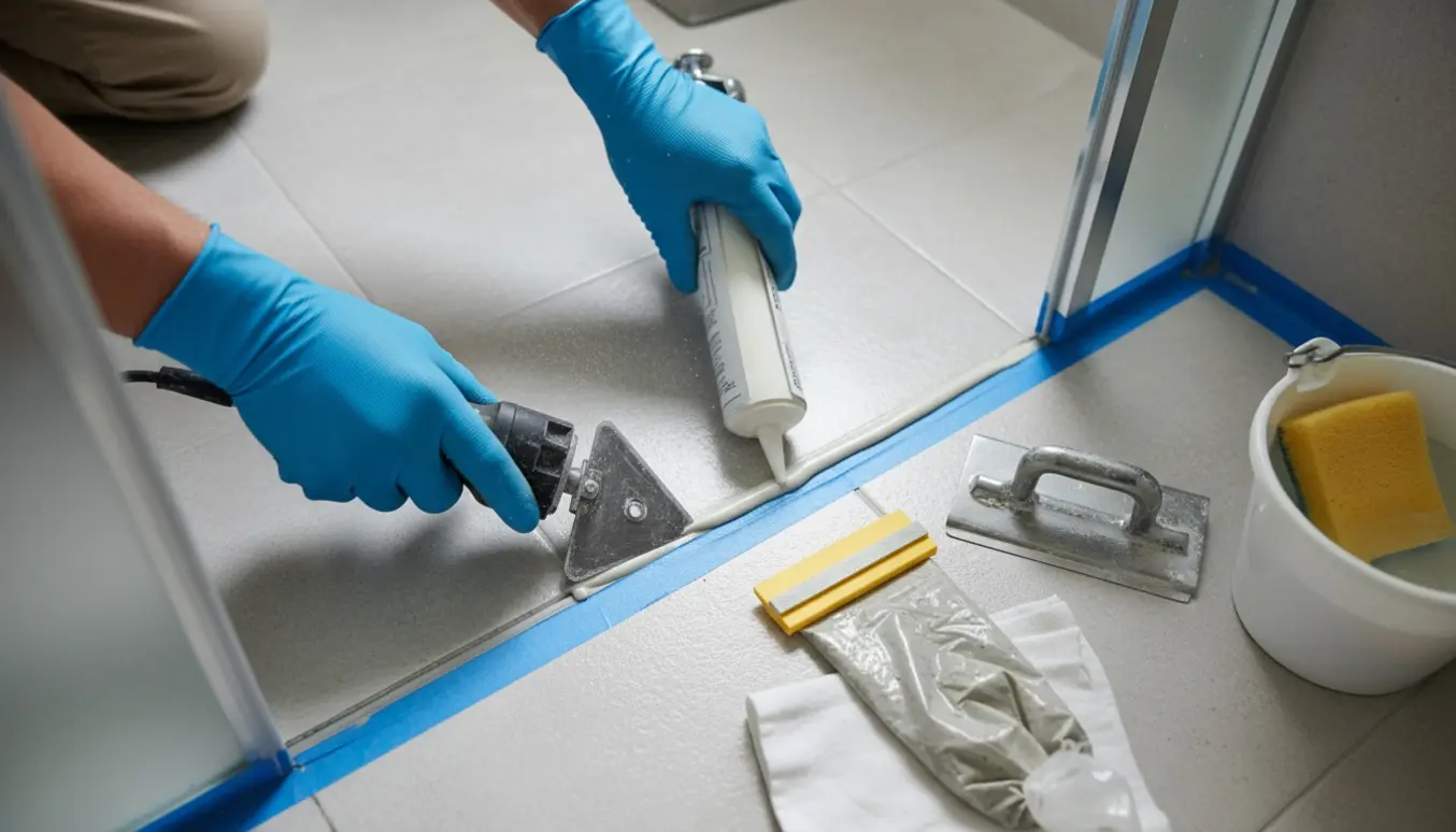 Hænder reparerer fuger mellem brusefliser med elastisk silikone i et lille brusegulv.