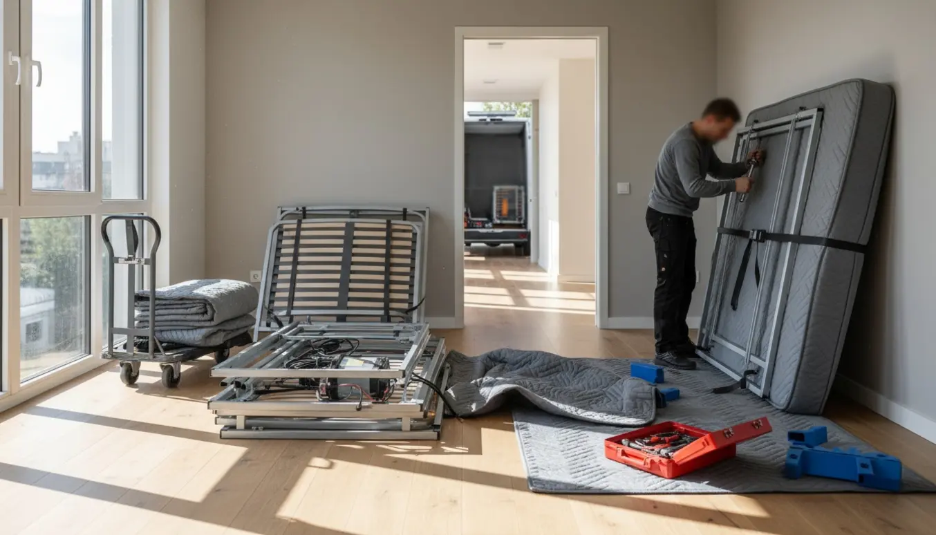 Flytning af en delvist adskilt elevationsseng i en lys lejlighed med flyttetæpper og værktøj.