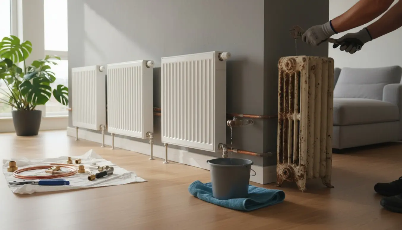 Hænder udskifter en radiator i en lys stue med værktøj og en spand til vand.