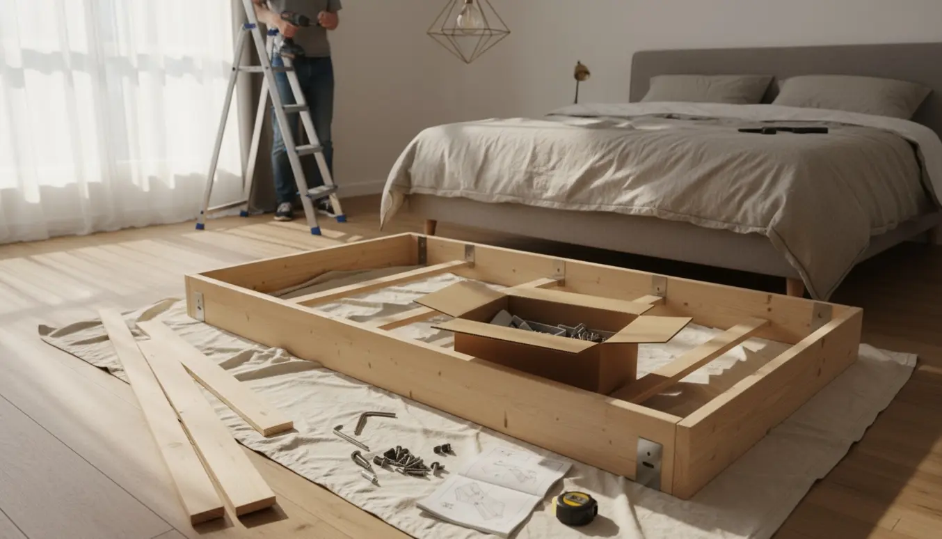 Partielt samlet seng og en person på stige, der installerer en loftlampe i et lyst soveværelse.