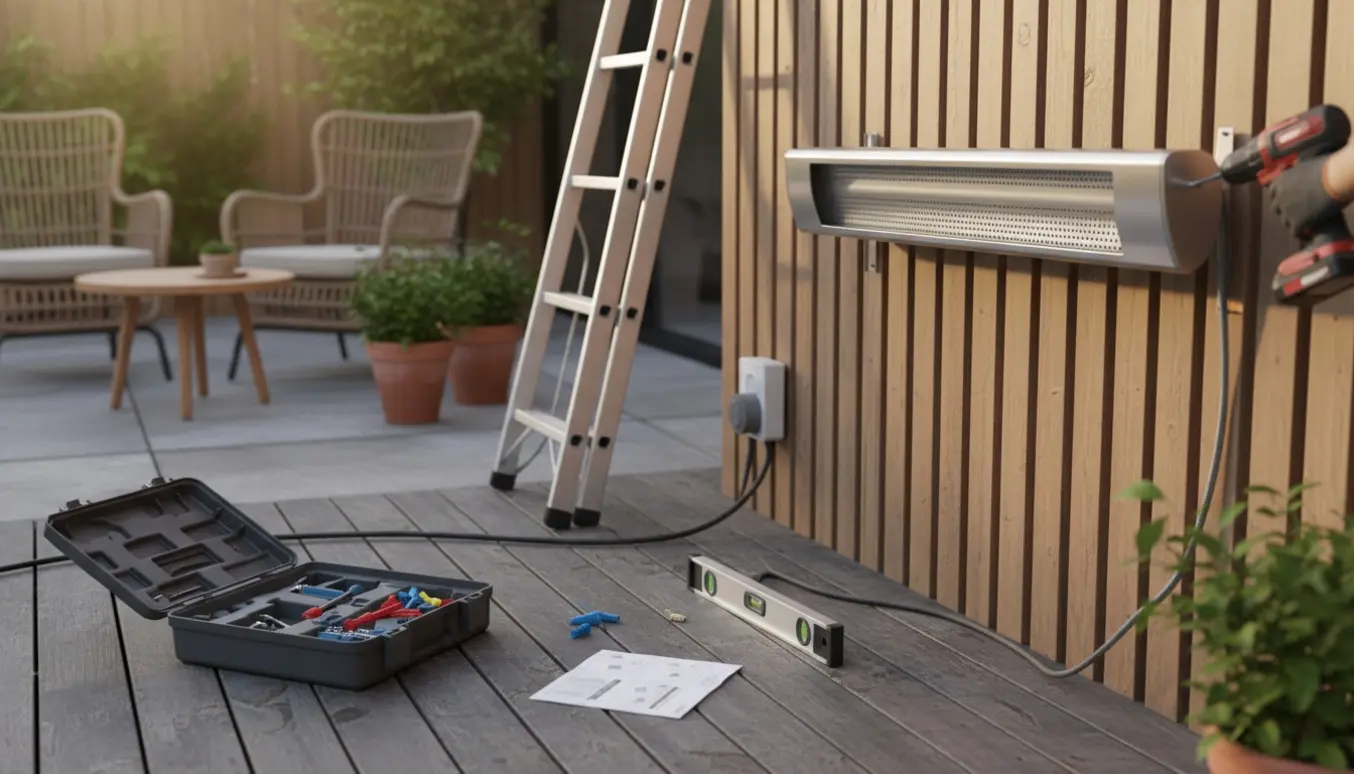 Nærbillede af montering af en elektrisk terrassevarmer på en træterrasse med værktøj og ledning i gyldent eftermiddagslys.