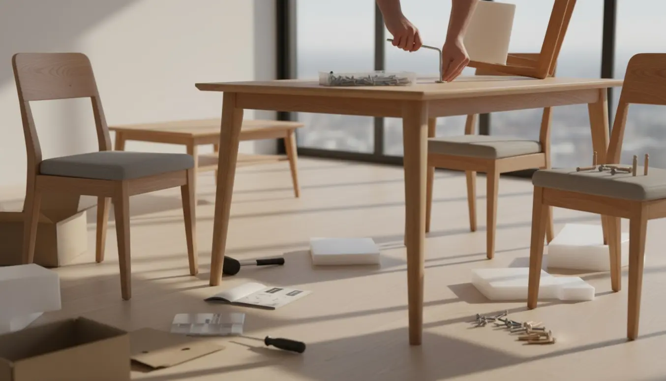 Hænder samler et lyst egetræs spisebord og fire spisebordsstole i en lys, moderne stue med værktøj og emballage omkring.