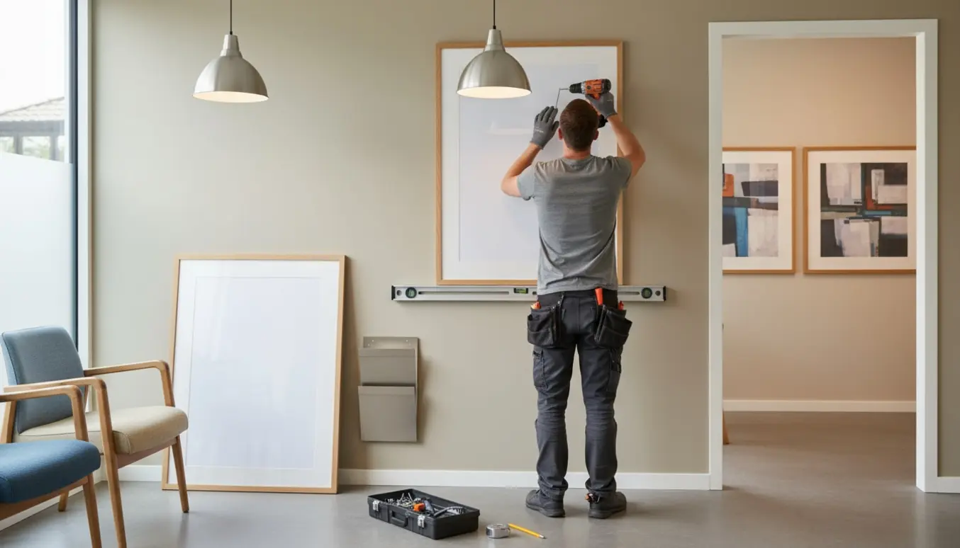 Håndværker hænger lampe, to indrammede plakater og en magasinholder op i et lyst venteværelse, med to billeder synlige i konsultationsrummet.